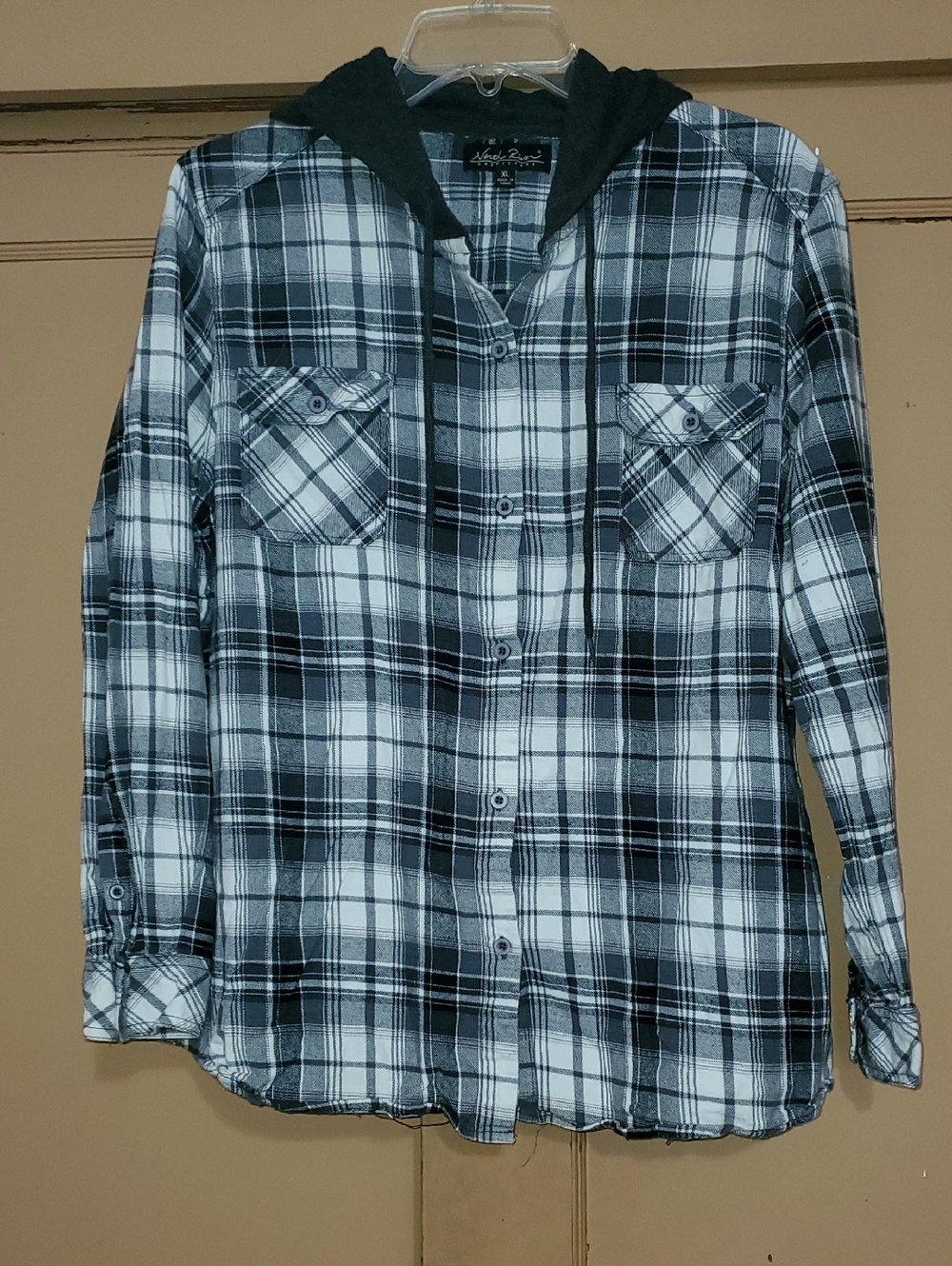 Men's Black & White Plaid Button-Down Shirt with Hood